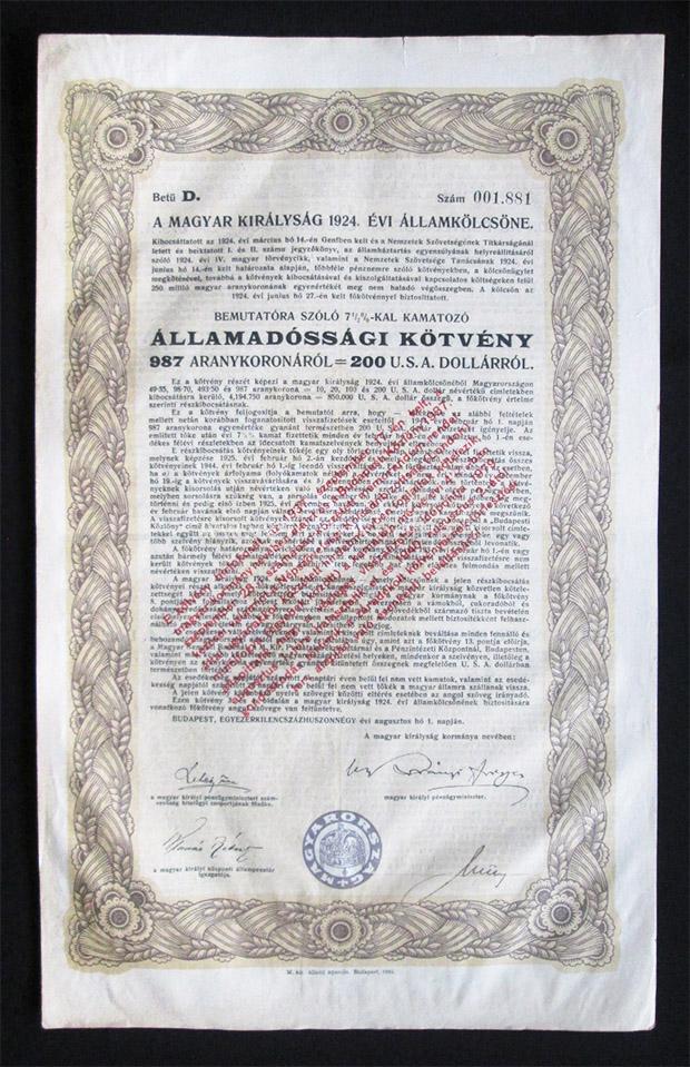 Magyar Kirlysg llamklcsne 200 USA dollr 1924